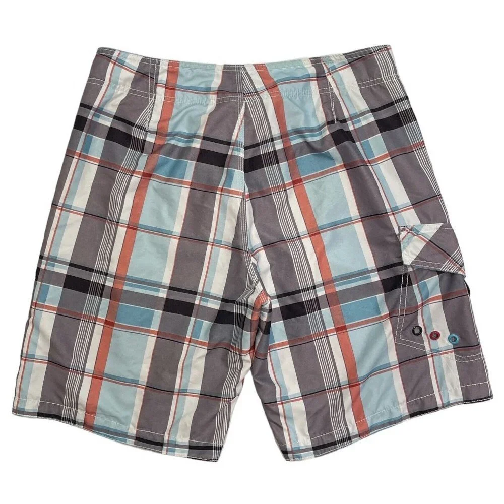 Vintage OLD NAVY Men's Plaid Swim Trunks Board Shorts Size Medium Grey Blue Pckt